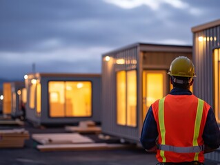 A lighting-focused image of a foreperson reviewing progress on a modular housing development at dusk.