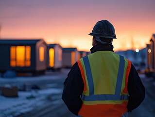 Obraz premium A lighting-focused image of a foreperson reviewing progress on a modular housing development at dusk.