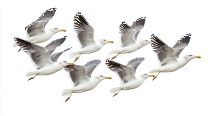 Obraz premium A flock of seagulls flying over the ocean, wings spread wide against a clear sky, on a white isolated background