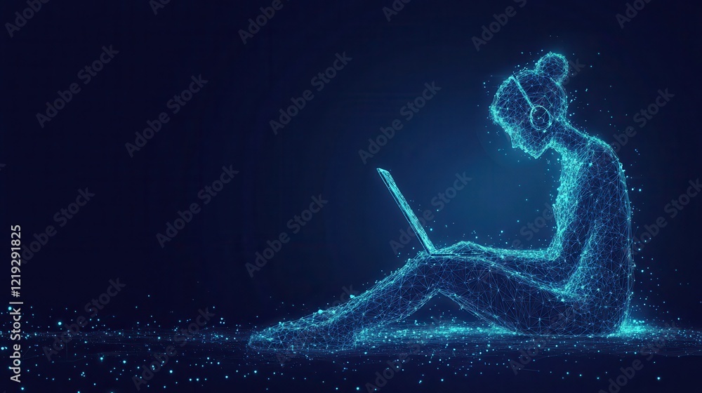 Poster abstract polygonal hacker with laptop on technology dark background.