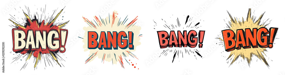 Poster the image displays four variations of a comic book style bang explosion graphic with text.