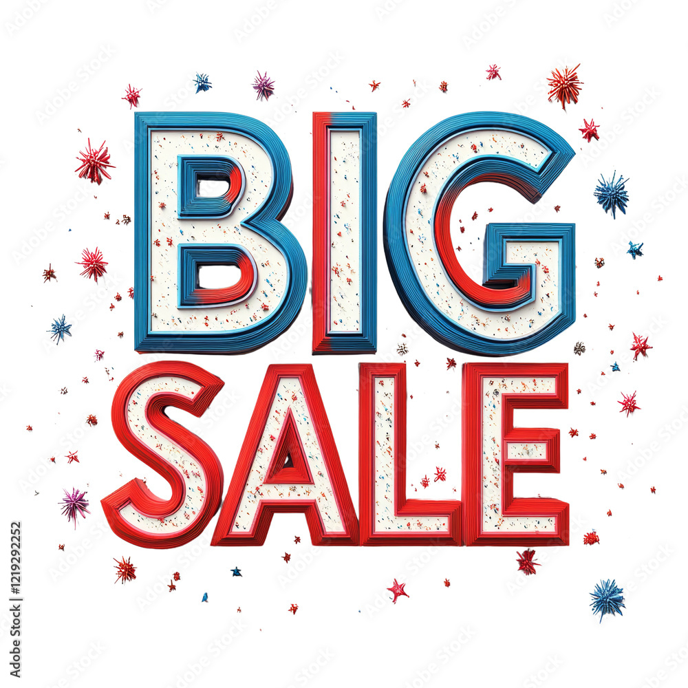 Poster A 3D rendering of Big Sale text with red and blue layered letters and colorful confetti.