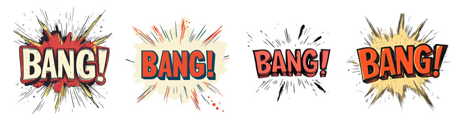 The image displays four variations of a comic book style BANG explosion graphic with text.