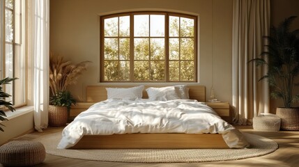 Serene Bedroom with Natural Light and Wooden Accents