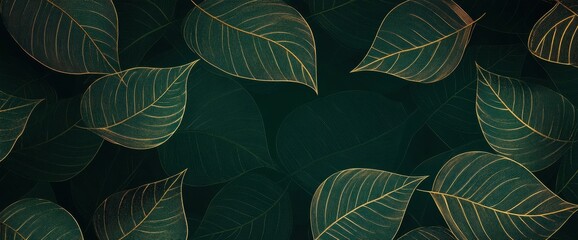 Fototapeta premium Dark green background with a golden line art leaf pattern, an elegant and sophisticated wallpaper design for interior decoration