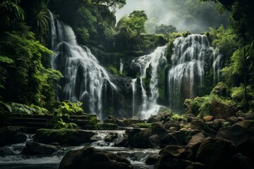 Fototapeta premium Stunning waterfall flowing over mossy rocks in a tropical rainforest, creating a tranquil and picturesque scene