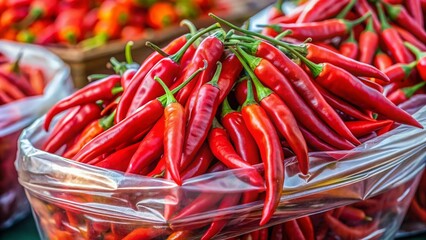 Red Chili Peppers in Plastic Bag at Market - Minimalist Stock Photo