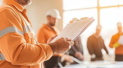 Industrial Hygiene and Workplace Safety Evaluation. Construction workers reviewing plans in a bright, collaborative environment.