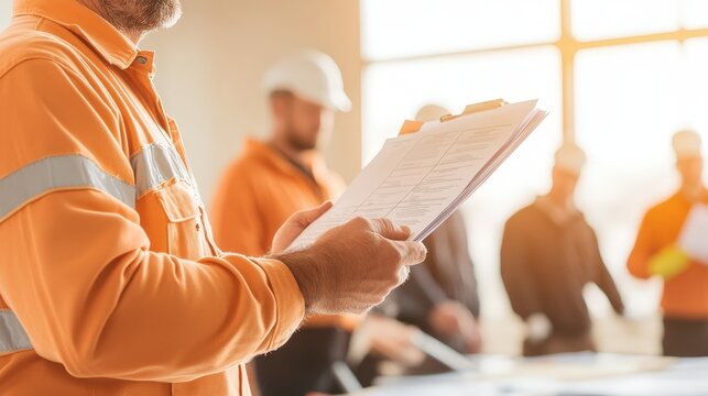 Industrial Hygiene and Workplace Safety Evaluation. Construction workers reviewing plans in a bright, collaborative environment.