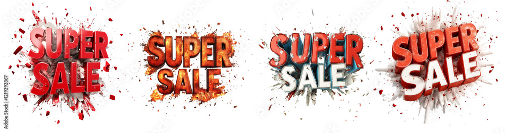 Poster four variations of a 3d rendered super sale graphic featuring an explosive effect to highlight the u