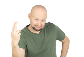 Confident man making a hand gesture with two fingers