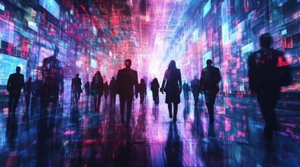 Virtual social network concept with group of business people on abstract digital bright technology background, double exposure