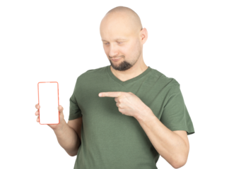 Confident man pointing at smartphone with blank screen in studio shot