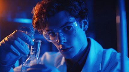 Scientist in gloves conducting experiment with beaker in laboratory environment, blue tone highlights.