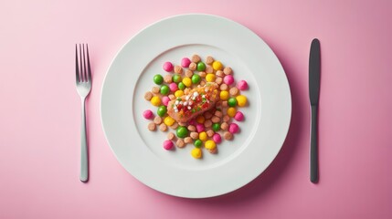Salmon fillet with colorful candy on a white plate, pink background.