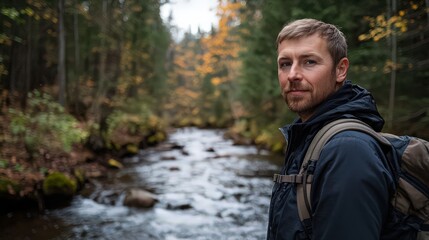 A mid-adult man looking at the camera while standing near a stream in Canada, reflecting confidence and freedom.