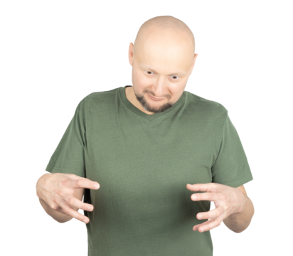 Excited man making a dramatic claw gesture with intense expression