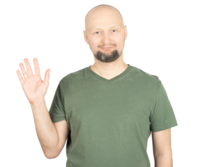 Friendly bald man waving with a warm smile