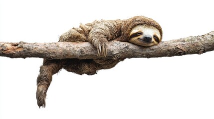 Obraz premium A baby sloth hanging lazily from a tree branch, with its sleepy face visible, on a white isolated background