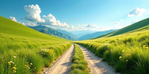 Obraz premium Serene Meadow Path Winding Through Lush Green Hills Under a Bright Sunny Sky
