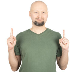 Man pointing upwards with both index fingers