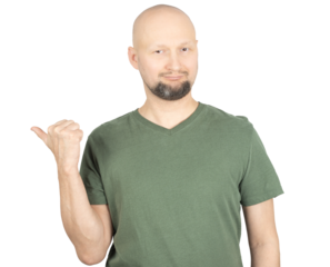 Man pointing over his shoulder with a neutral expression