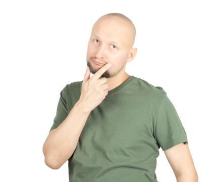 Pensive man lost in deep thoughts with hand on chin