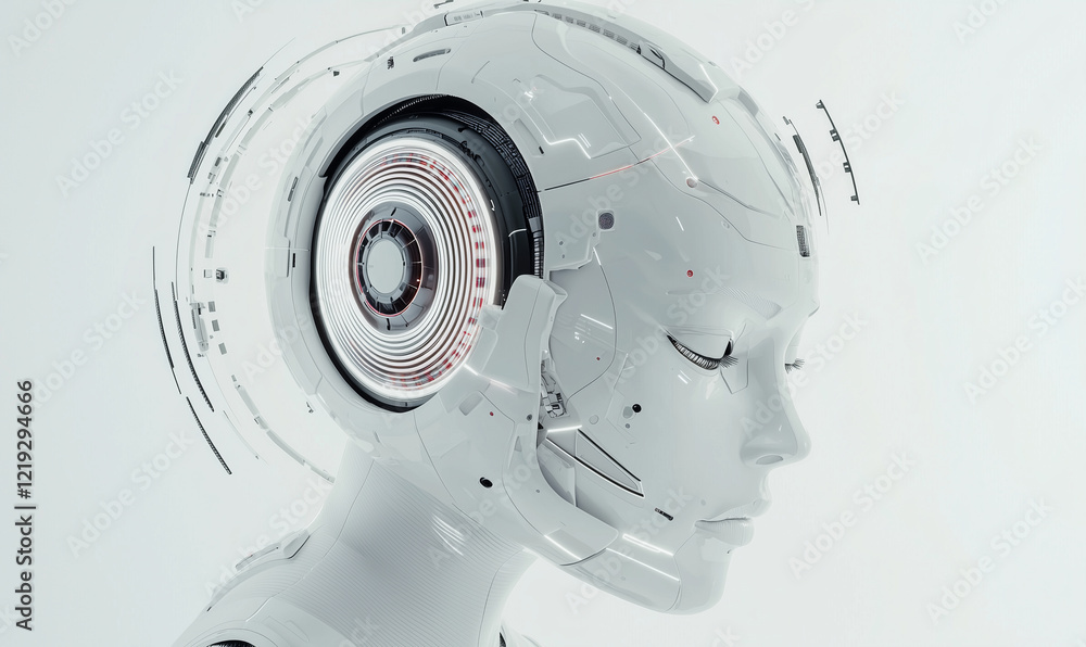Poster futuristic robotic head with intricate circuitry and a glowing mechanism.