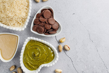 Trendy dubai chocolate ingredients for making dubai chocolate.