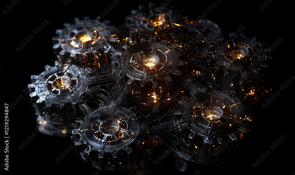 Poster abstract design featuring glowing gears and intricate details on a dark background.