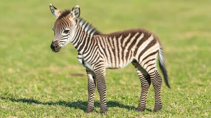 Naklejka premium A baby zebra standing on a grassy plain, with its black and white stripes contrasting with the green grass