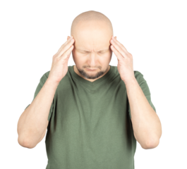 Severe headache and fibromyalgia pain affecting a bald man in a green t-shir