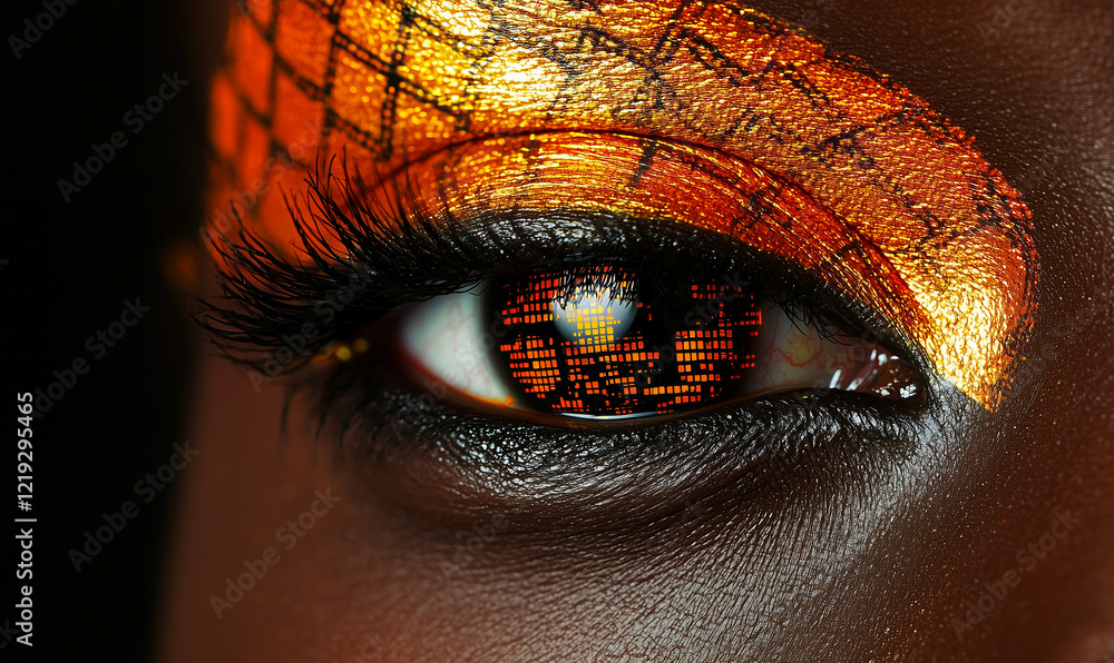 Poster a close-up of an eye with striking golden makeup and intricate patterns reflecting in the iris.