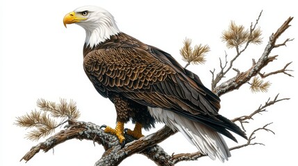 Obraz premium A proud bald eagle perched on a tree branch, with its sharp beak and piercing eyes, on a white isolated background