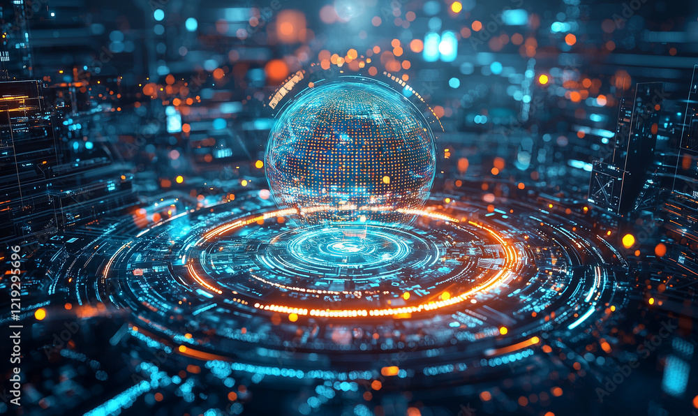 Poster futuristic digital globe surrounded by glowing data elements in a high-tech environment.