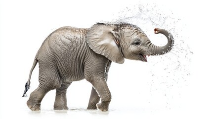 Obraz premium A baby elephant playing with water in a river, splashing with its trunk, on a white isolated background