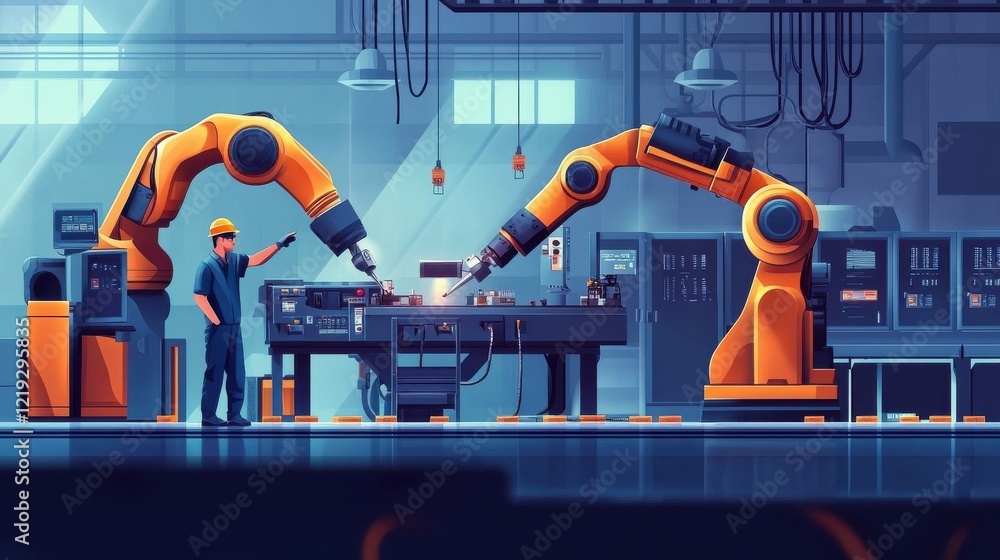Poster group of male engineer worker maintenance automatic robotic arm machine in factory. male technician 