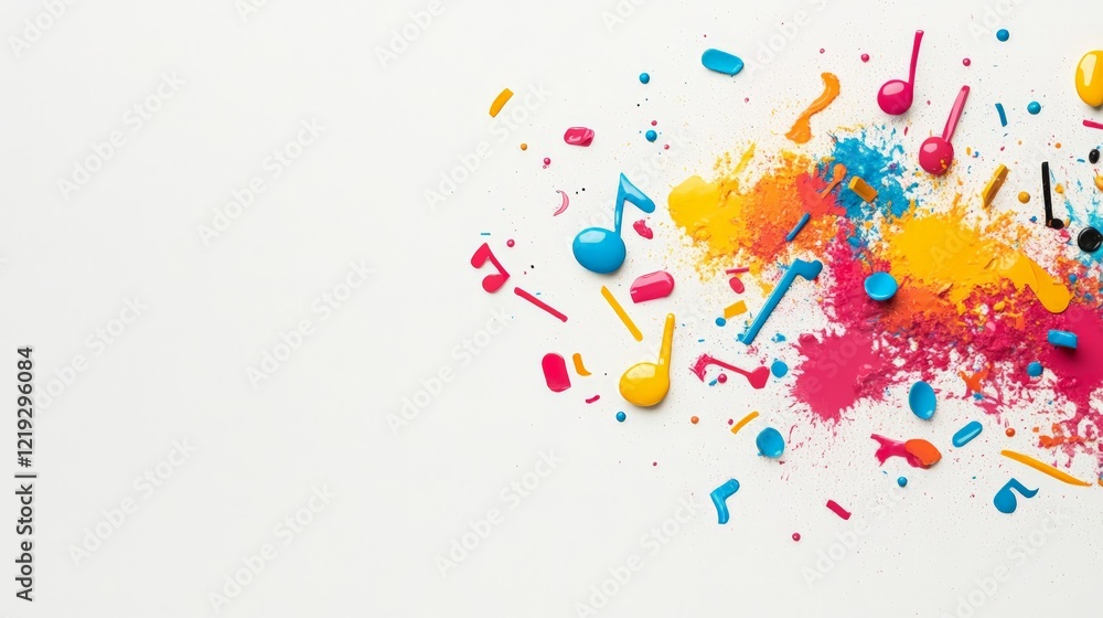 Poster colorful musical notes exploding with vibrant paint splatters, creating an energetic and artistic re
