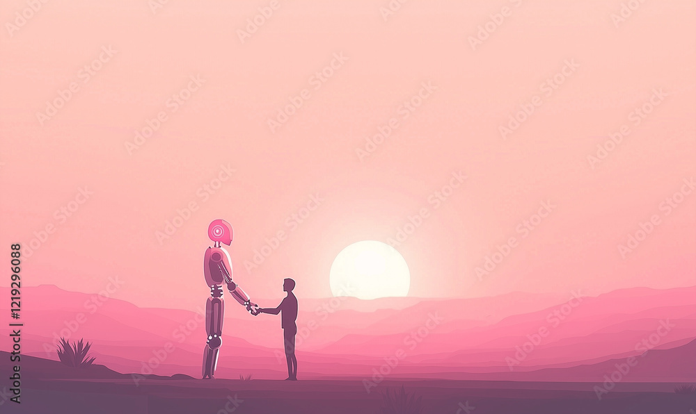 Poster a robot and a child hold hands against a soft sunset backdrop, symbolizing connection and hope.
