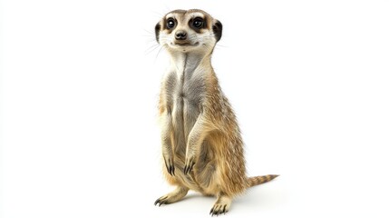A meerkat standing tall, watching for danger, with a slight tilt to its head, on a white isolated background