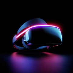 Futuristic virtual reality headset glowing with neon lights in a dark environment.