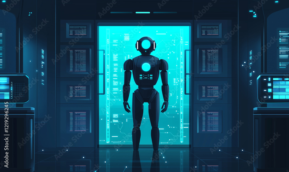Poster a futuristic robot stands in a high-tech environment illuminated by blue light.