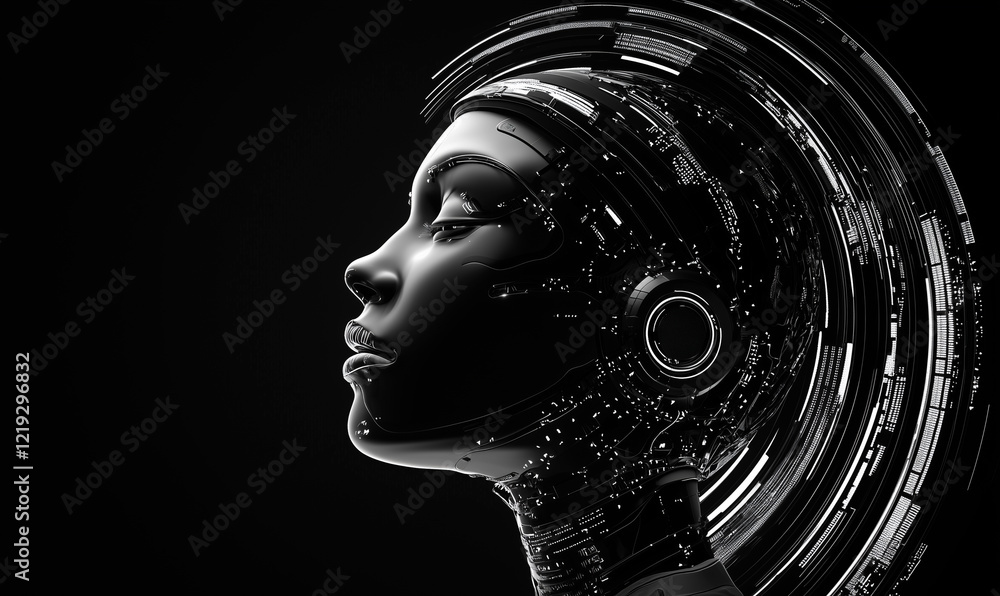 Poster a futuristic abstract representation of a face with digital elements and a dark background.