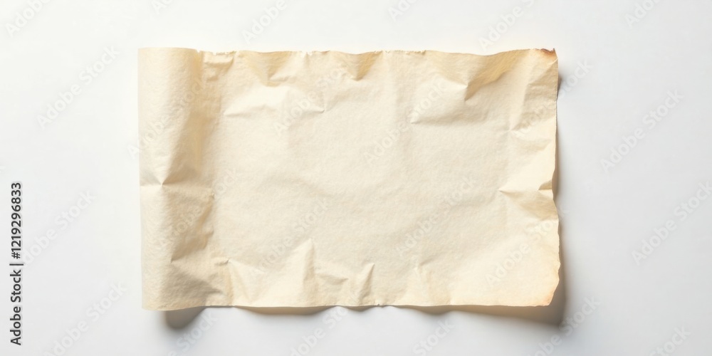 Poster a partially rolled, aged, cream-colored paper sheet with burned edges, isolated on a white backgroun