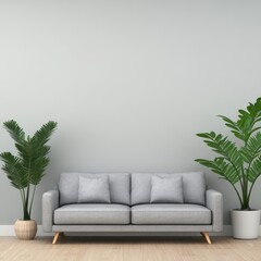 Modern living room with a gray sofa and green plants on wooden flooring.