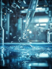 A stylized illustration of a chemical dropper with water in a futuristic laboratory setting.