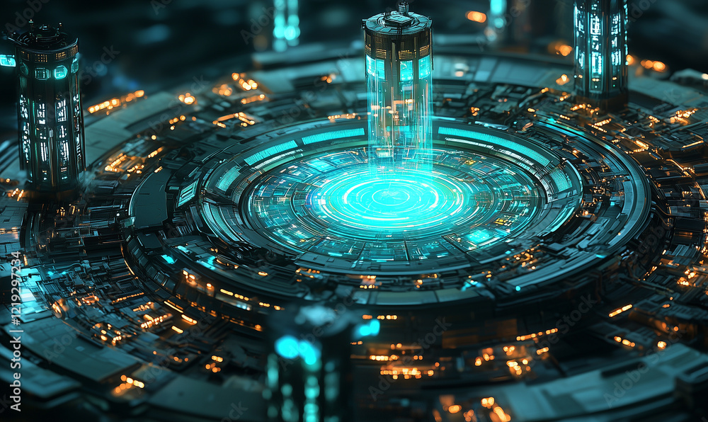 Poster futuristic technology showcase digital laboratory 3d visualization sci-fi environment aerial view ar