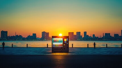 Fototapeta premium Vending machine silhouetted against a sunset over a city waterfront. PM2.5 concept