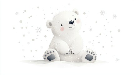 Fototapeta premium A polar bear cub playing in the snow, with snowflakes gently falling around it, on a white isolated background