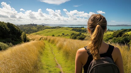 A scenic view of natural parkland in Auckland with a solo traveler gazing into the distance.